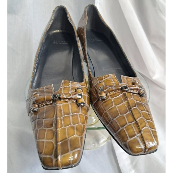 Stuart Weitzman Womens Pumps Brown Square Toe Buckle Croc Embossed Sz 8.5 - Picture 7 of 16